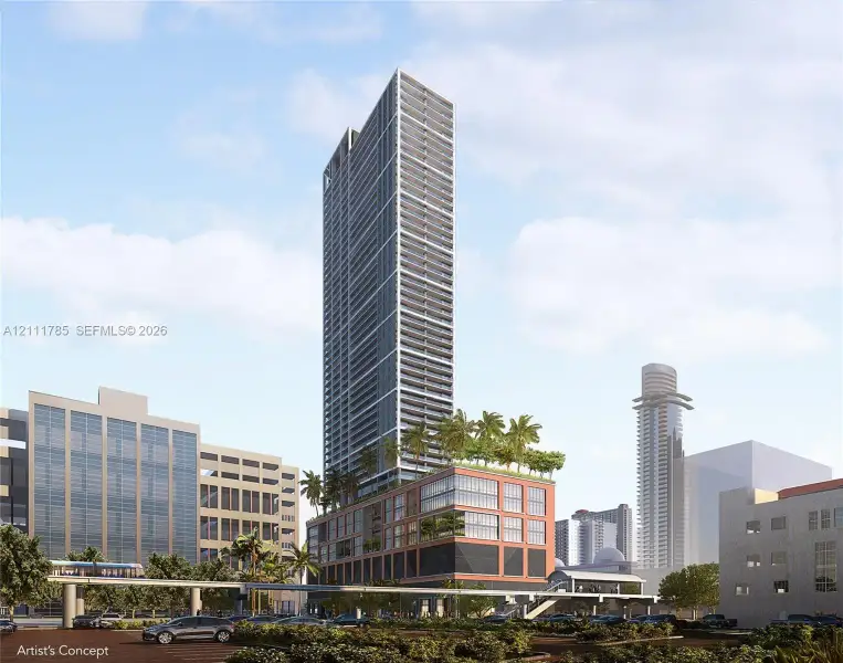 High-rise architectural exterior featuring glass curtain walls, integrated balconies, multi-level podium base, and an elevated terrace with mature palm landscaping