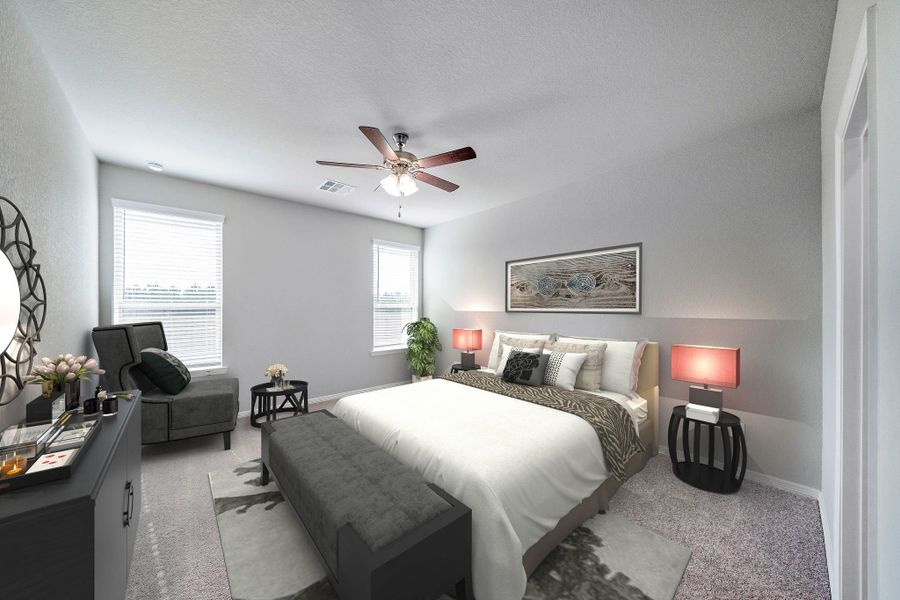 A bedroom with a bed and a fan. A bedroom with a bed and a fan.