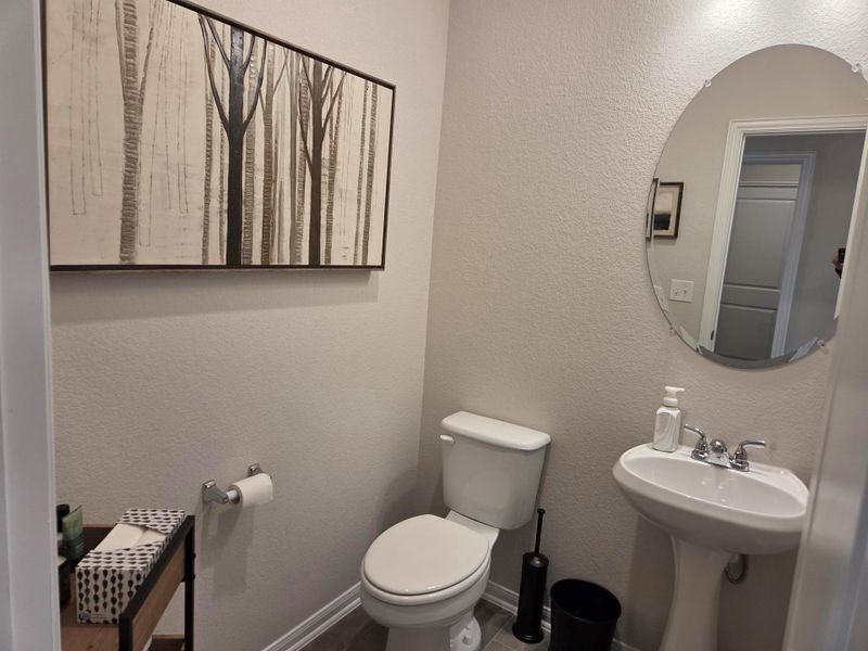 Pedestal sink and toilet combination featuring a large oval mirror