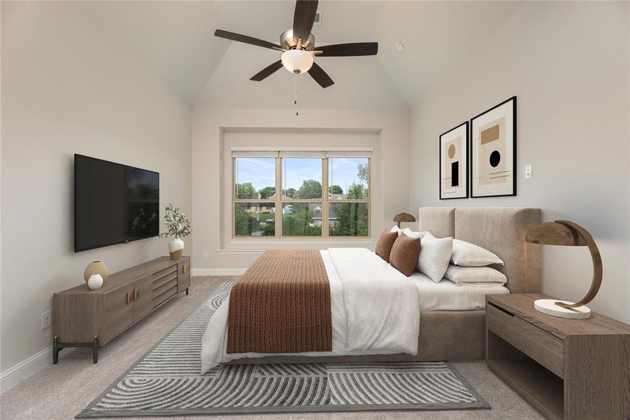 Bedroom with carpet, lofted ceiling, and ceiling fan