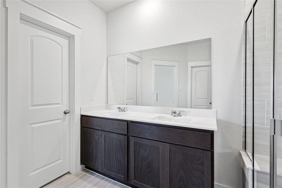 Bathroom with a shower with door and vanity