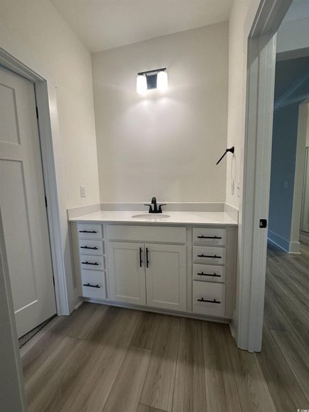 Bathroom featuring vanity and light wood-style flooring