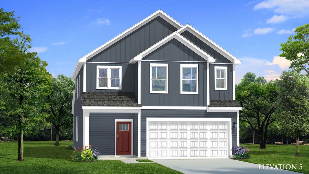 Representative exterior photo of a completed home built from the Mint by DRB Homes in Provisions at Courtland, Sanford, NC (Image 25). Representative exterior photo of a completed home built from the Mint by DRB Homes in Provisions at Courtland, Sanford, NC (Image 25).