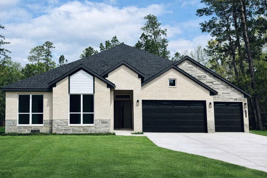 Front exterior of a new home in Butlers Bend Estates, Pinehurst, TX, highlighting curb appeal (Image 24).
