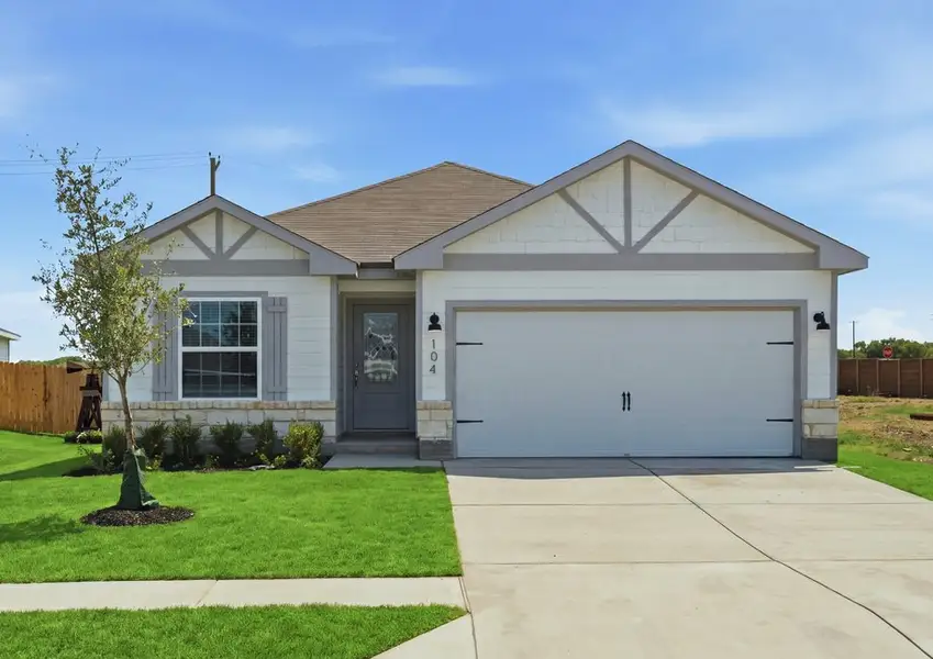 Single-story Frio floor plan front exterior featuring lap siding, a two-car garage, and landscaped front lawn. Single-story Frio floor plan front exterior featuring lap siding, a two-car garage, and landscaped front lawn.