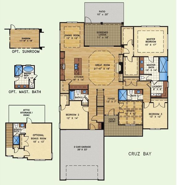 2D floor plan layout for the Cruz Bay by Kent Homes in The Bluffs On the Cape Fear, Leland, NC (Image 3).