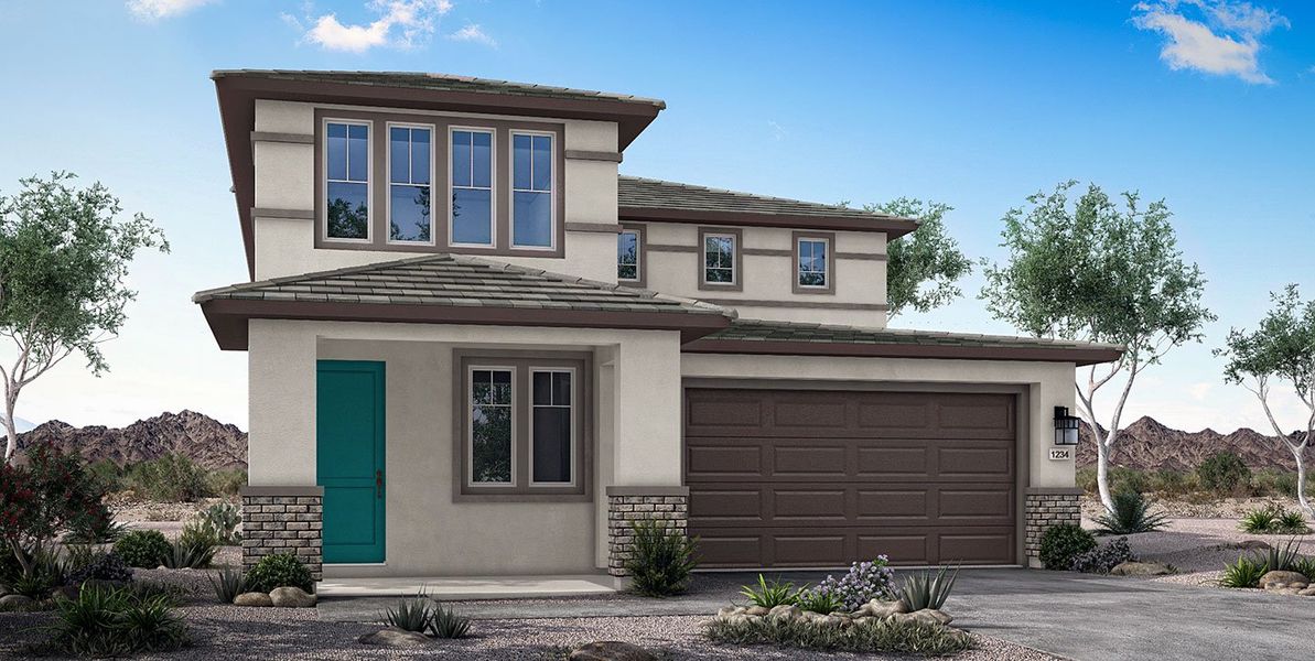 Front exterior of a new home in Mesquite at North Creek, Queen Creek, AZ, highlighting curb appeal (Image 22). Front exterior of a new home in Mesquite at North Creek, Queen Creek, AZ, highlighting curb appeal (Image 22).