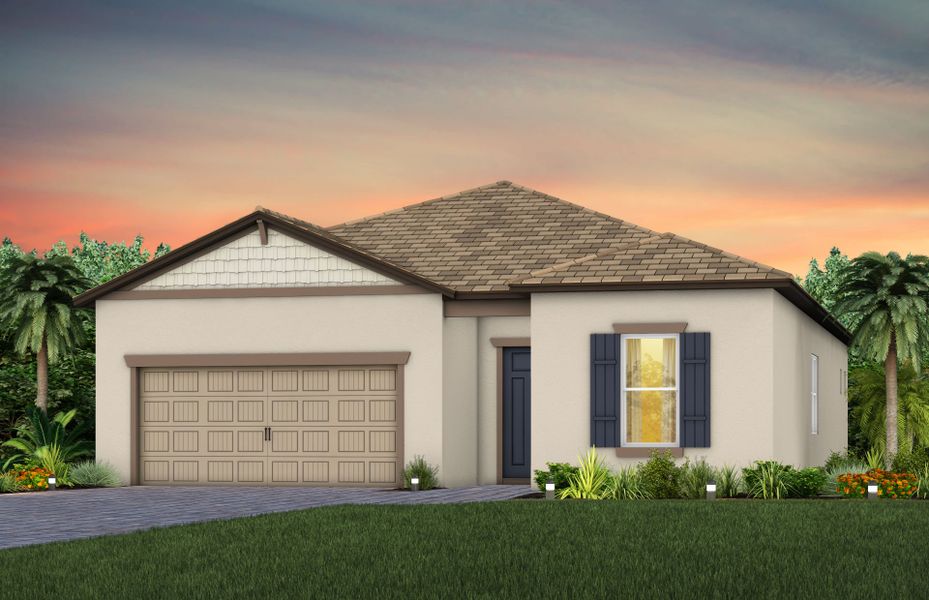 Representative exterior photo of a completed home built from the Prestige by Del Webb in Del Webb Explore North River Ranch, Parrish, FL (Image 17). Representative exterior photo of a completed home built from the Prestige by Del Webb in Del Webb Explore North River Ranch, Parrish, FL (Image 17).