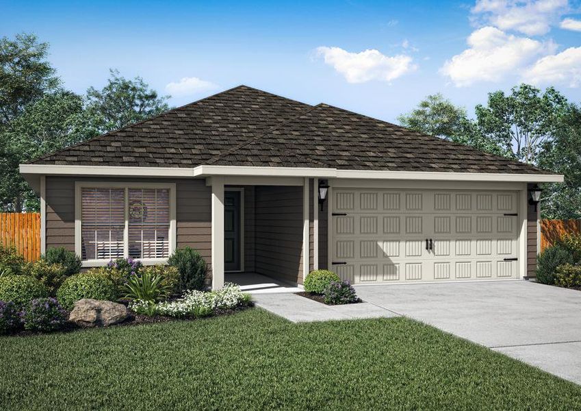 Single-story home with gray siding, an attached two-car garage and front yard landscaping.