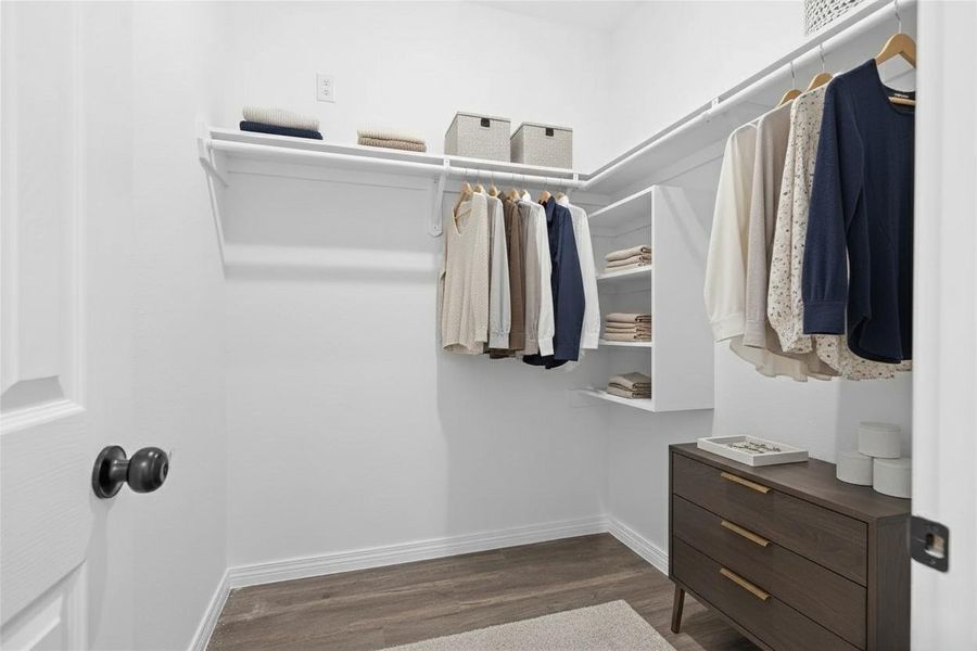 Spacious walk-in closet with ample hanging space, shelving, and a sleek dresser. **Photo has been staged.**