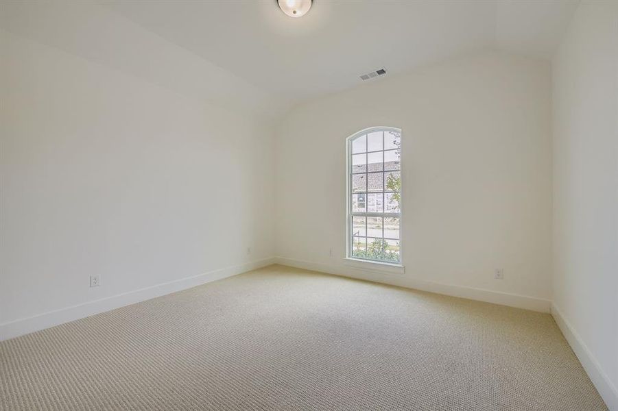 Unfurnished room featuring vaulted ceiling and light carpet Unfurnished room featuring vaulted ceiling and light carpet