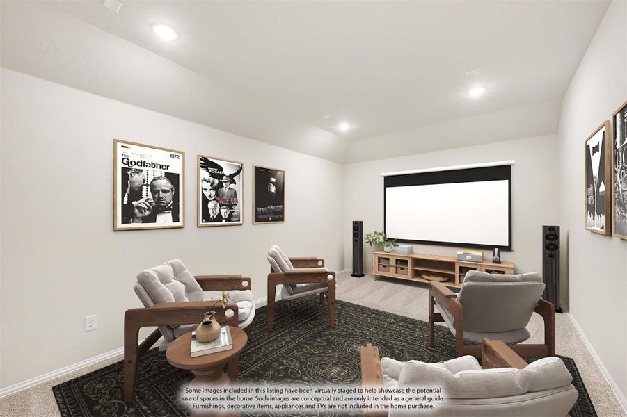 Media room with large projection screen, seating area, movie posters, and carpet flooring Media room with large projection screen, seating area, movie posters, and carpet flooring