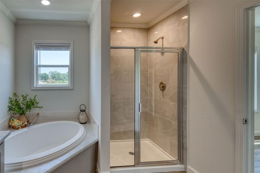 A well-appointed bath features a tiled walk-in shower and a garden tub beneath a window, offering a serene escape. A well-appointed bath features a tiled walk-in shower and a garden tub beneath a window, offering a serene escape.