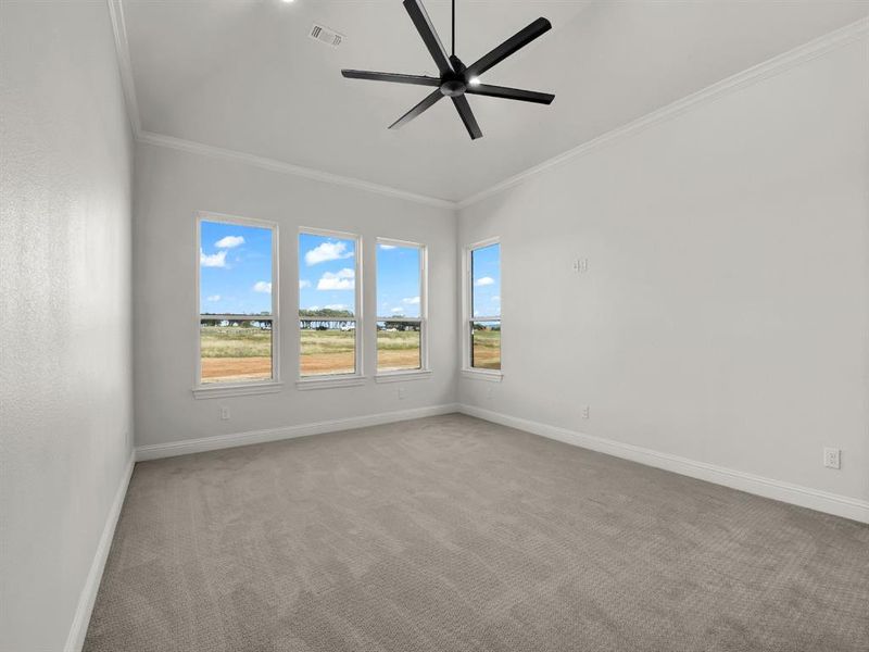 Carpeted empty room with ceiling fan and ornamental molding