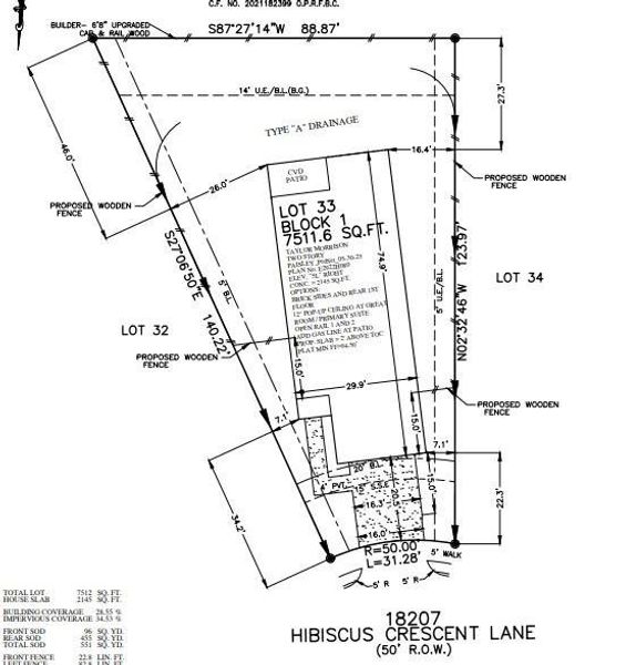 18207 Hibiscus Crescent Lane preliminary plot plan.