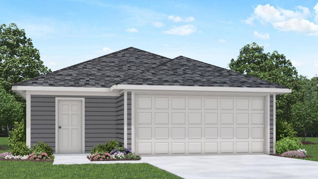 Front exterior of a new home in The Canopies, Splendora, TX, highlighting curb appeal (Image 1).