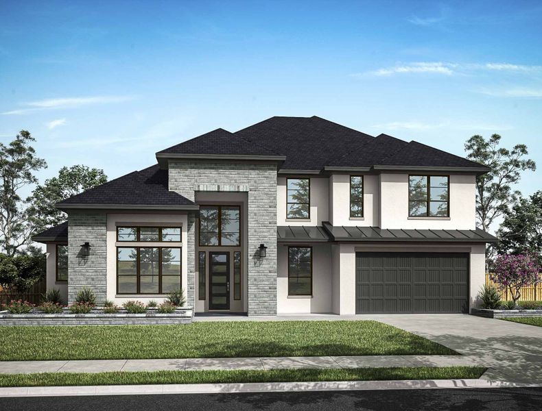 Front exterior of a new home in Harvest Green 75′, Richmond, TX, highlighting curb appeal (Image 23).
