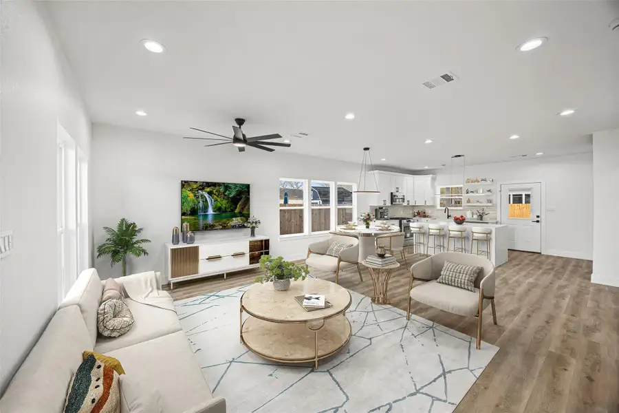 Virtual staging layout demonstrating furniture placement and showcasing the functionality of the open floor plan.