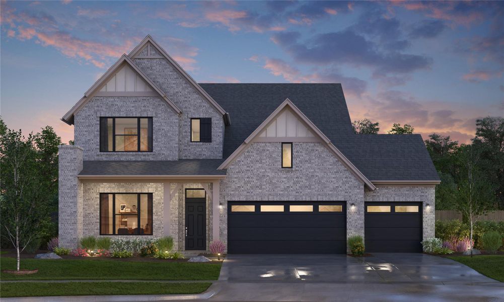 Front exterior of a new home in Canterra Creek  60', Iowa Colony, TX, highlighting curb appeal (Image 1).
