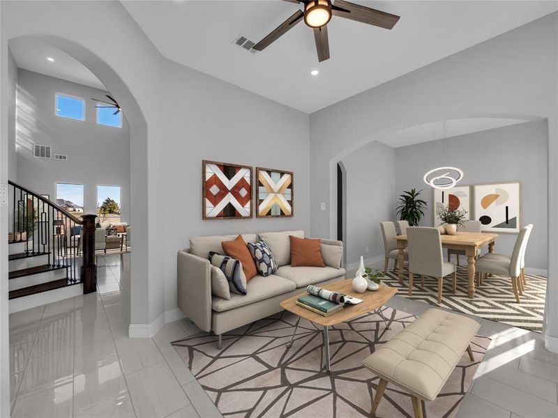 Virtually staged sitting room and dining room.