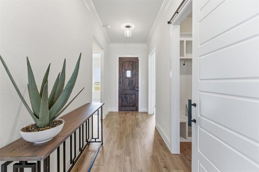 Hallway featuring wood-finish flooring, white walls, and crown molding