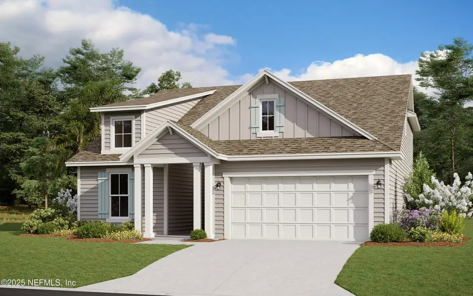 Front exterior of a new home in Brook Forest - Single Family Homes, St. Augustine, FL, highlighting curb appeal (Image 1).