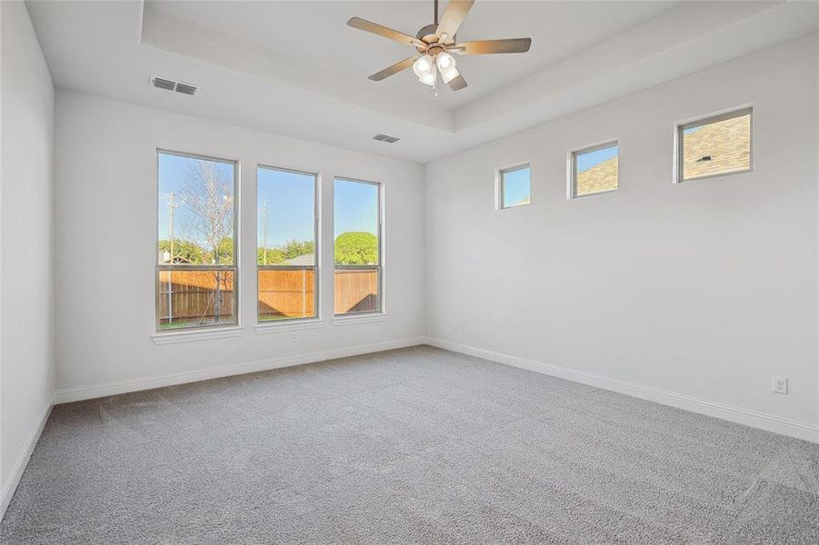 Spare room featuring carpet, ceiling fan, and a raised ceiling