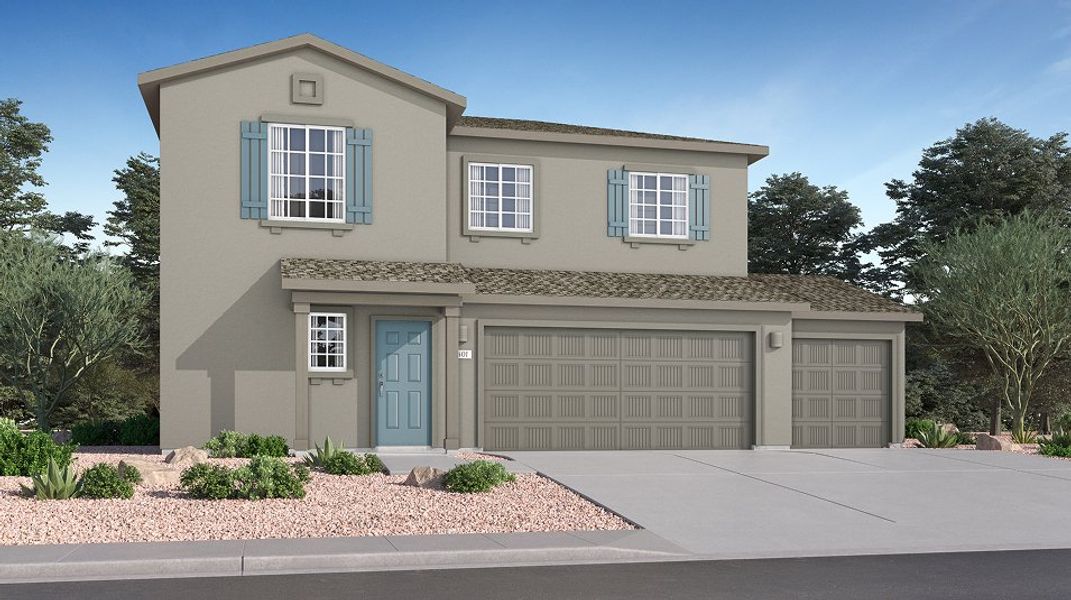 Front exterior of a new home in Sycamore Canyon: Dream Series, Vail, AZ, highlighting curb appeal (Image 1). Front exterior of a new home in Sycamore Canyon: Dream Series, Vail, AZ, highlighting curb appeal (Image 1).