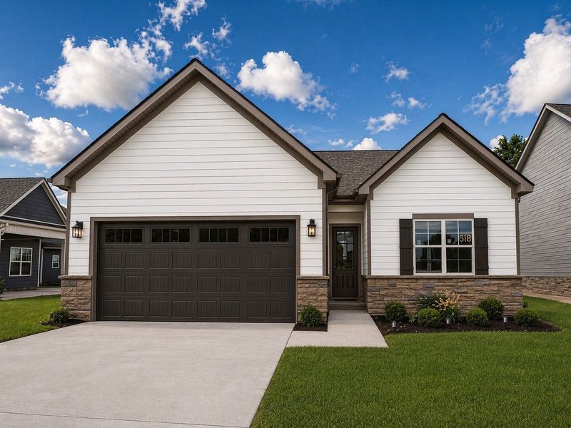 Digitally enhanced photo of the exterior showcasing the Stone Front, Musket Brown Garage Door and finished Landscaping. Digitally enhanced photo of the exterior showcasing the Stone Front, Musket Brown Garage Door and finished Landscaping.
