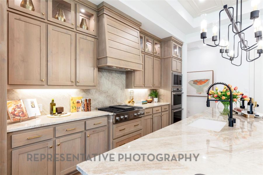 Kitchen with tasteful backsplash, stainless steel appliances, a raised ceiling, a sink, and custom exhaust hood Kitchen with tasteful backsplash, stainless steel appliances, a raised ceiling, a sink, and custom exhaust hood