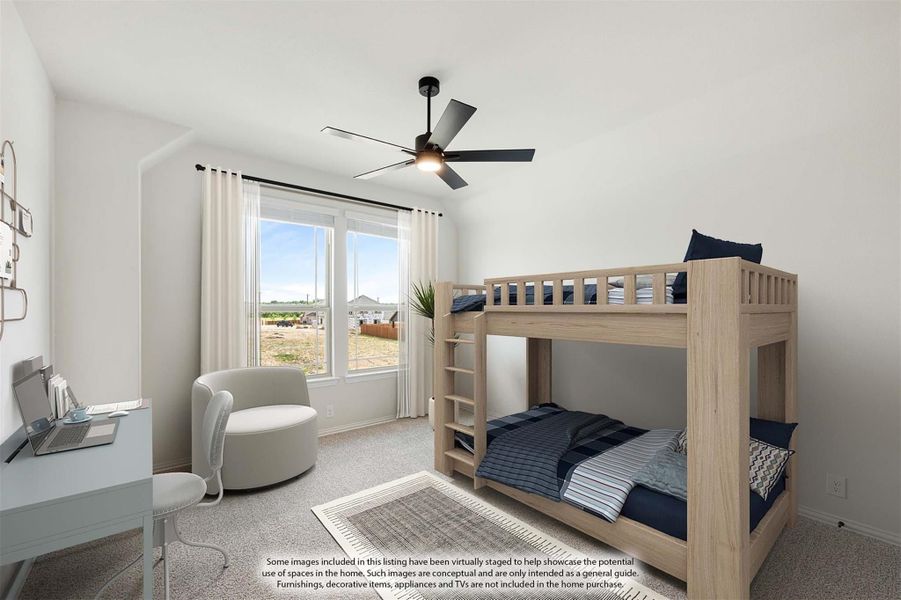 Bedroom with wood bunk beds, ceiling fan, carpet flooring, and a large window with natural light Bedroom with wood bunk beds, ceiling fan, carpet flooring, and a large window with natural light