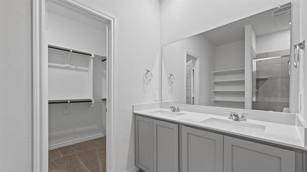 Bathroom with a walk in closet, a shower stall, double vanity, and dark carpet Bathroom with a walk in closet, a shower stall, double vanity, and dark carpet