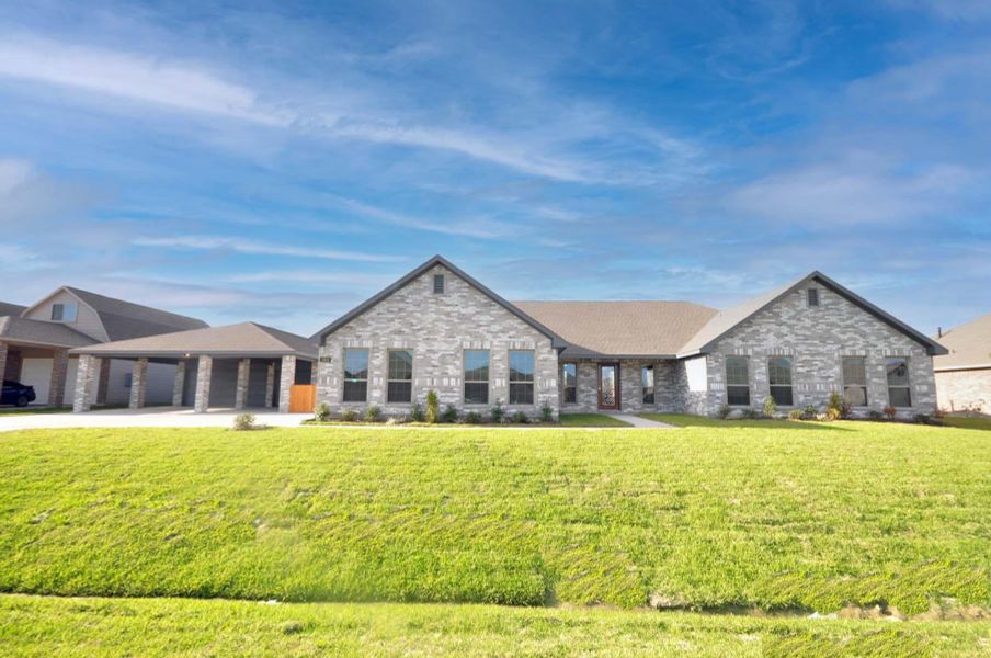 Front exterior of a new home in Pedregal, League City, TX, highlighting curb appeal (Image 2).