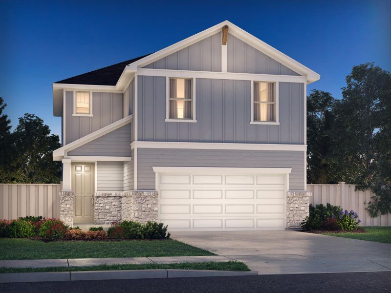 View of front facade featuring stone siding, fence, board and batten siding, and an attached garage View of front facade featuring stone siding, fence, board and batten siding, and an attached garage