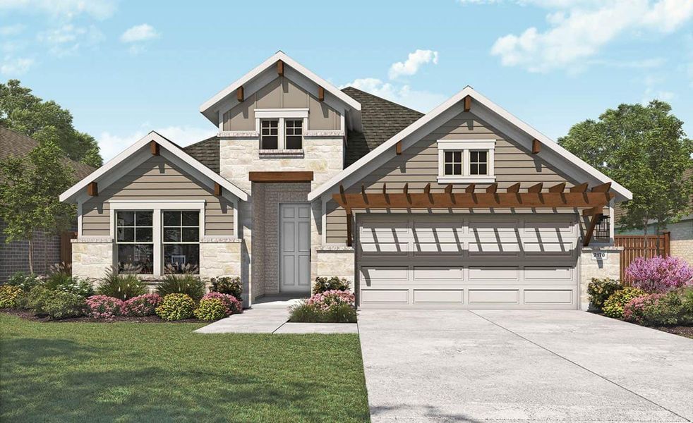 Front exterior of a new home in Westland Ranch, League City, TX, highlighting curb appeal (Image 1). Front exterior of a new home in Westland Ranch, League City, TX, highlighting curb appeal (Image 1).