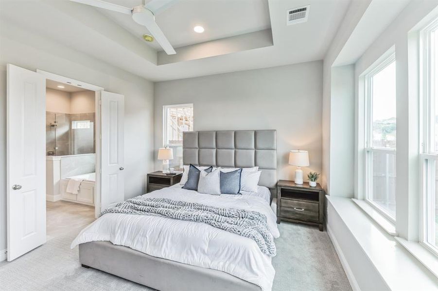 Carpeted bedroom featuring ensuite bath, a tray ceiling, and ceiling fan