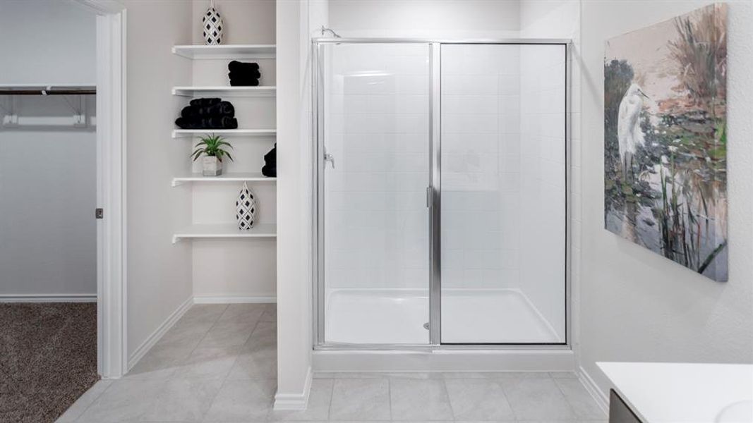 Bathroom with a spacious closet, a stall shower, and vanity
