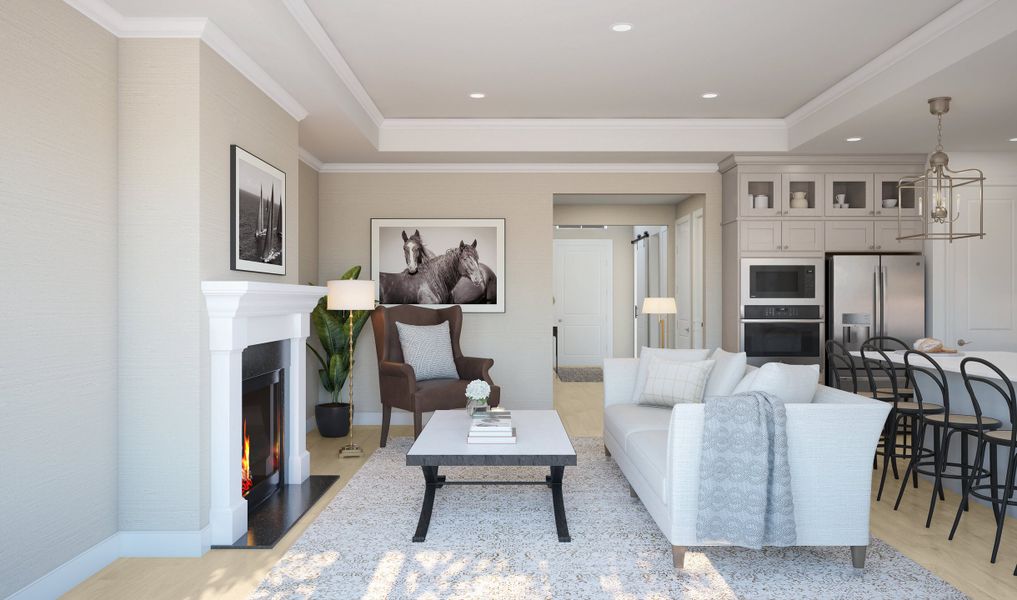Great room with coffered ceiling