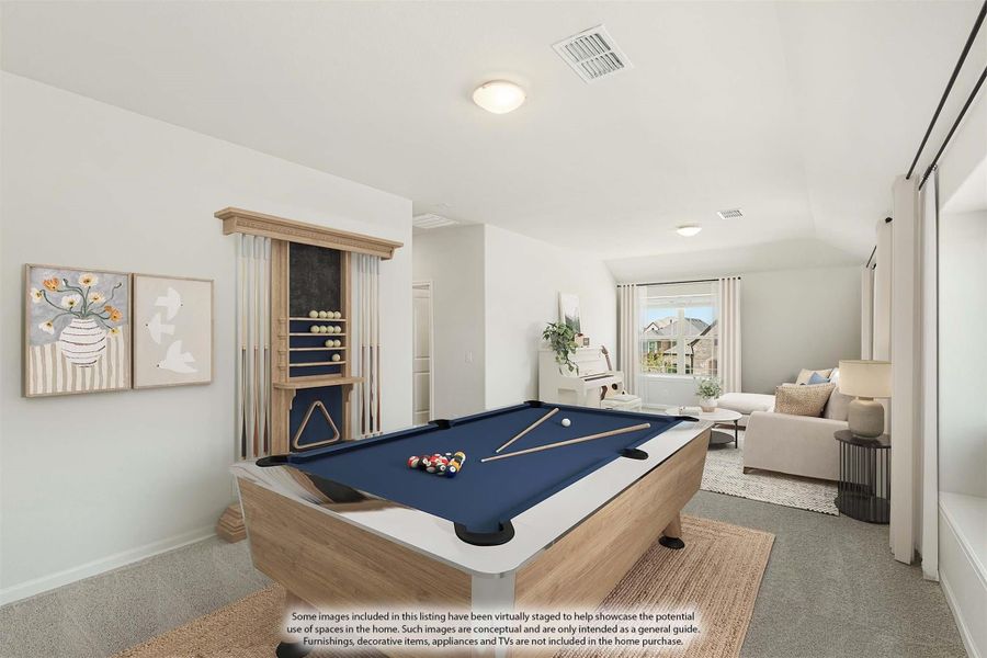 Game room with pool table, cue rack, vaulted ceiling, and seating area on carpet flooring