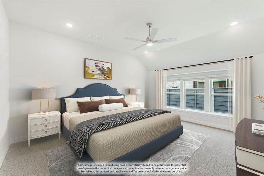 Bedroom with vaulted ceiling, ceiling fan, carpet flooring, and large windows with sheer curtains Bedroom with vaulted ceiling, ceiling fan, carpet flooring, and large windows with sheer curtains