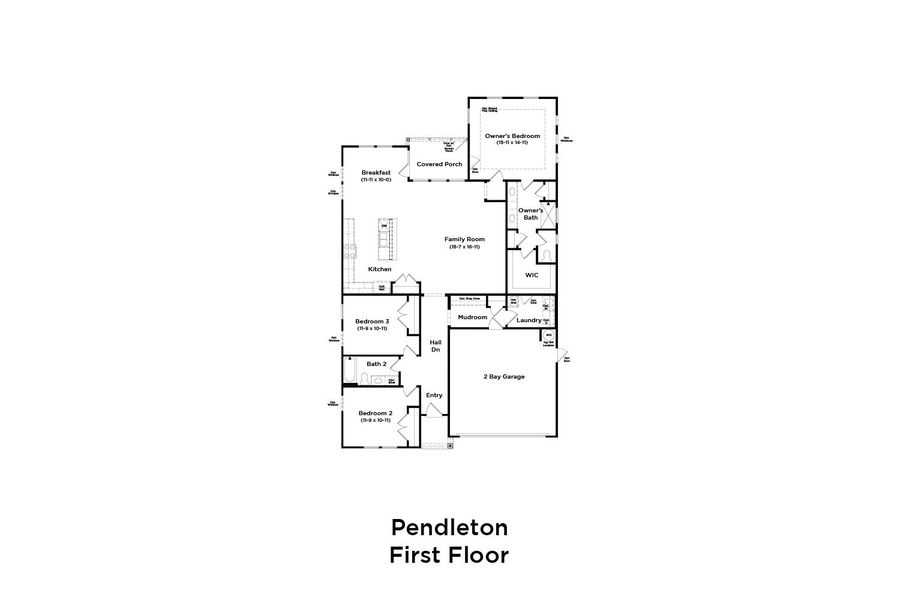 2D floor plan layout for the Pendleton by DRB Homes in Oakmont Manor, Oxford, NC (Image 3).