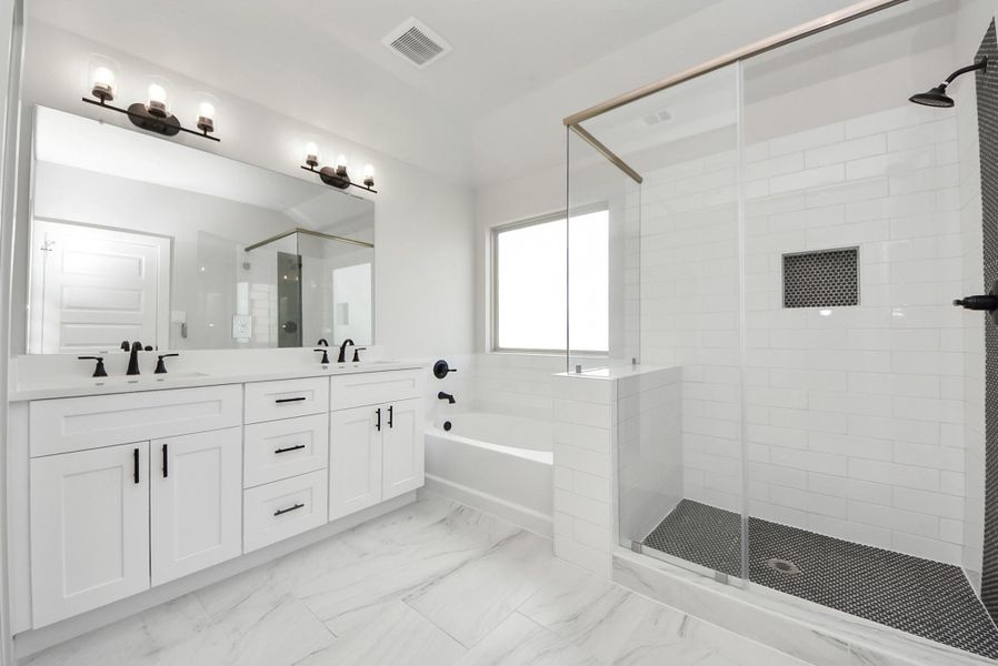 Primary bath, soaking tub, double sink, stand up shower