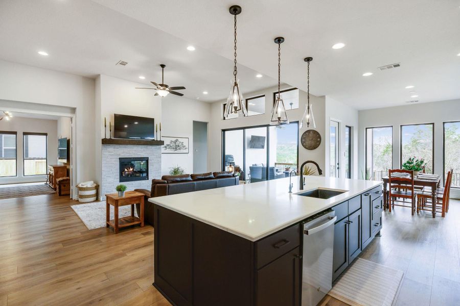 Large kitchen island with quartz countertops