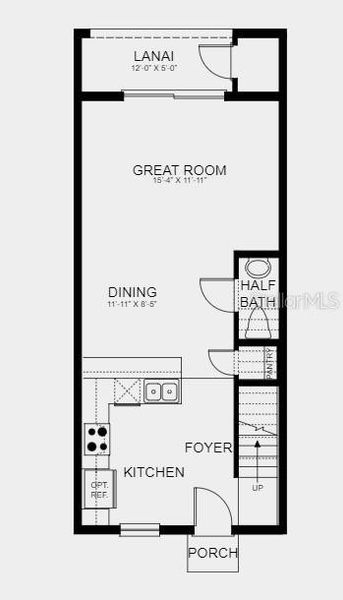 First Floor Plan - Design features added include: tile throughout the 1st floor, quartz countertops, washer and dryer, refrigerator, and binds