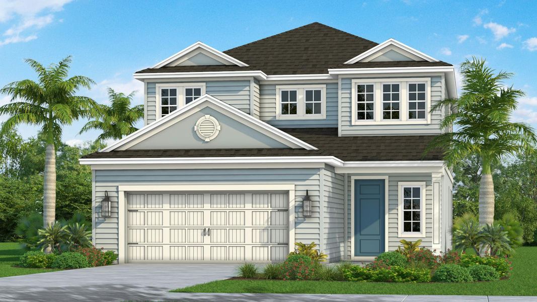 Front exterior of a new home in Canoe Creek Real Estate and Homes for Sale in Parrish, FL - Neal Communities, Parrish, FL, highlighting curb appeal (Image 2).
