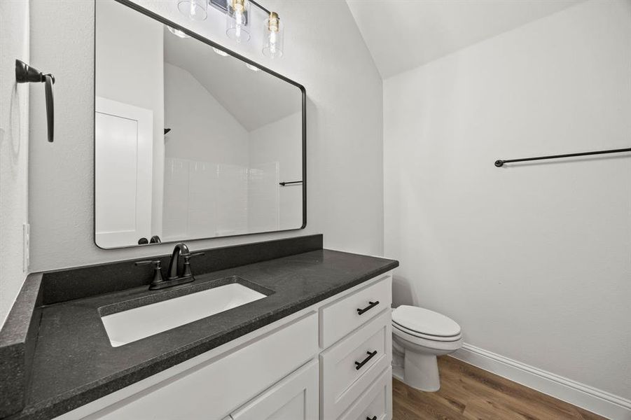 Bathroom featuring dark wood-type flooring, vanity, and vaulted ceiling