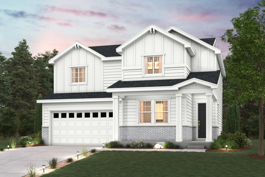 Front exterior of a new home in Sweetgrass, Dacono, CO, highlighting curb appeal (Image 1). Front exterior of a new home in Sweetgrass, Dacono, CO, highlighting curb appeal (Image 1).