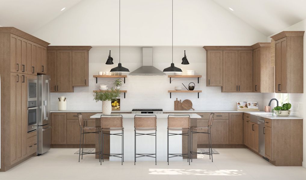 Kitchen with vaulted ceiling, pendant lighting and floating shelves