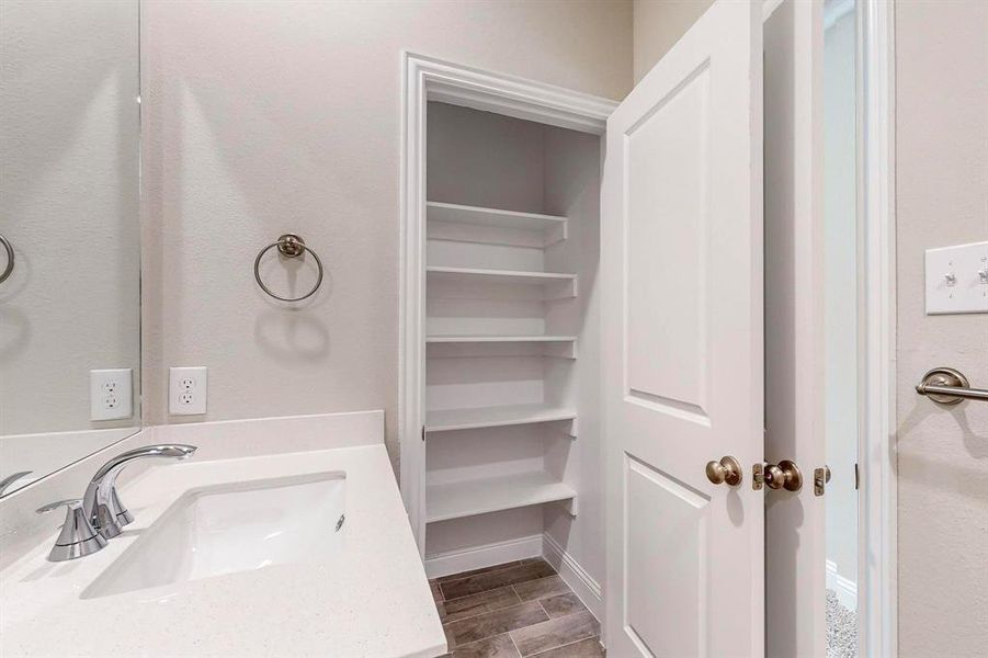 Bathroom with wood-type flooring and vanity