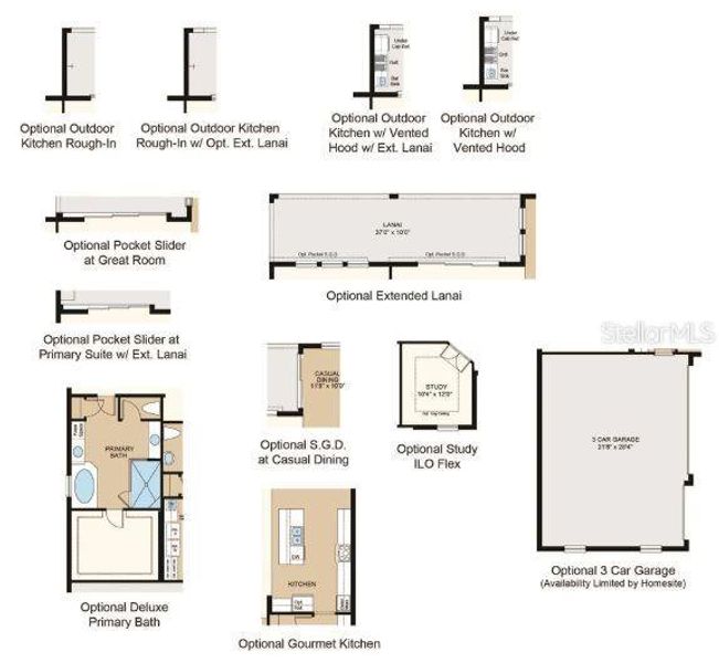 Structural options added include: Gourmet kitchen, pocket sliding glass door at gathering room and primary suite, study in place of flex, tray ceiling at dining room, foyer, study, primary suite and game room, and covered extended lanai.